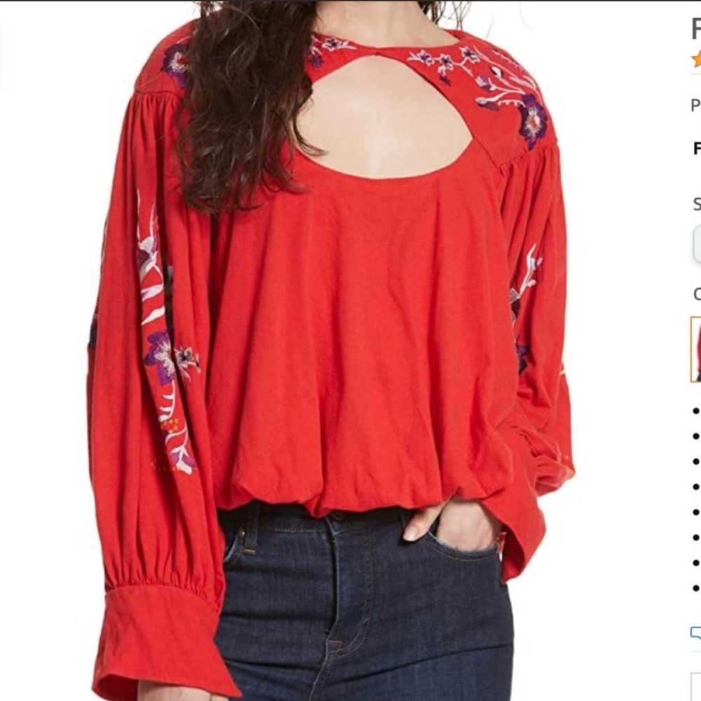 NEW! Beautiful Free People Lita Embroidered Top L Red Cutout